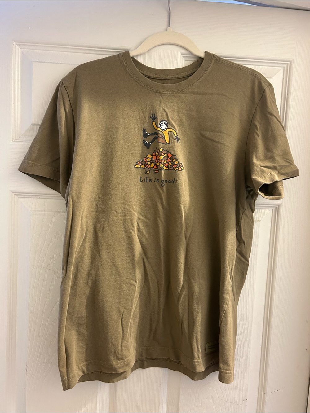 Life Is Good Olive Green Short Sleeve Graphic Tee with Leaf Pile